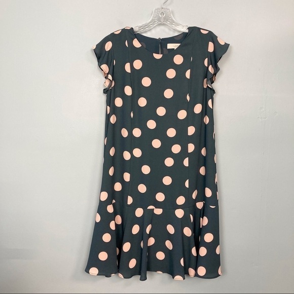 loft Polka Dot Flounce Dress Petrol Gray and Blush - Picture 13 of 14